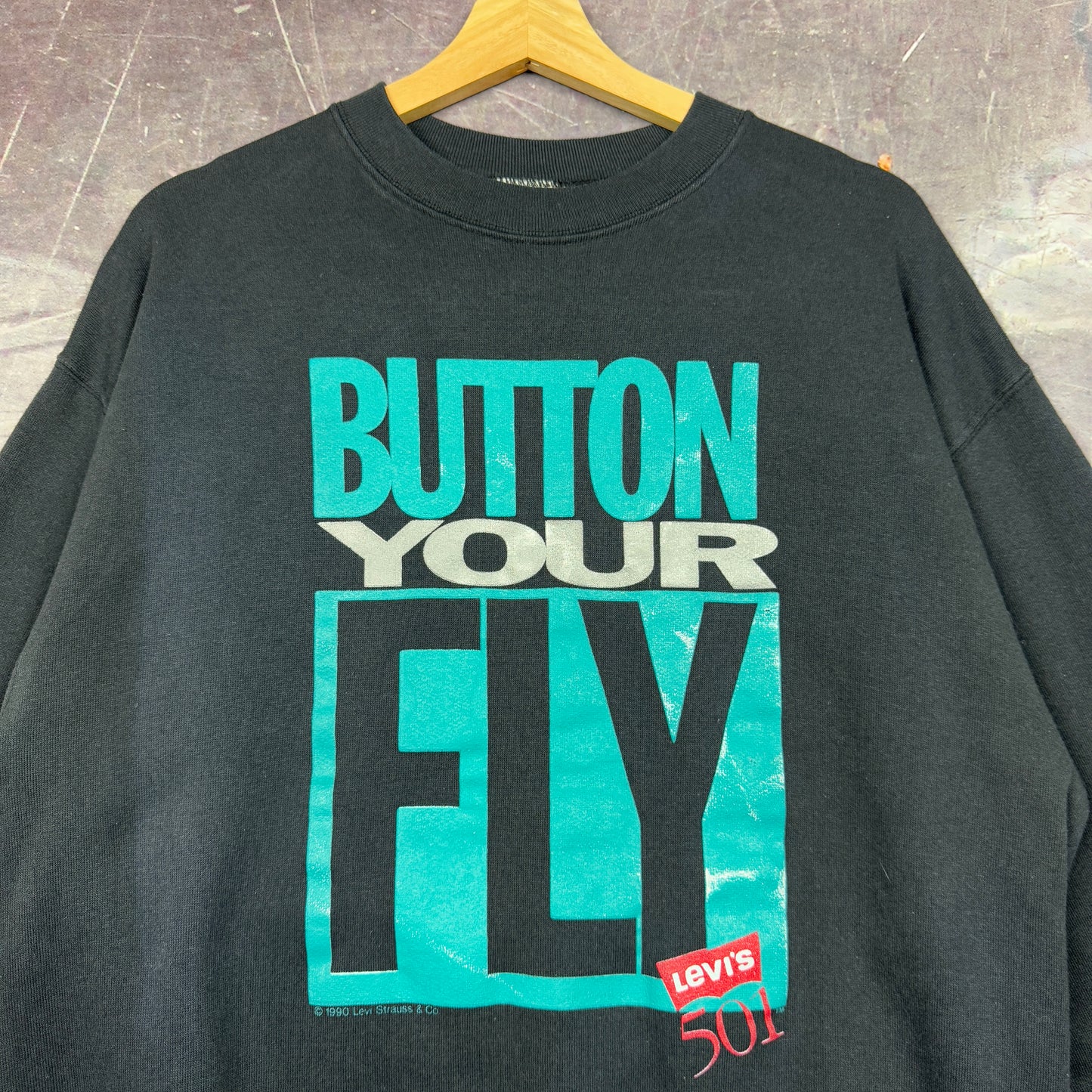 1990 Faded Black Levi's 501 Button Your Fly Graphic Crewneck Sweatshirt M 1254