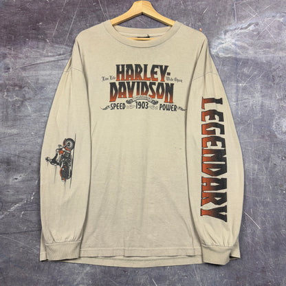 00s Tan Brown Harley Davidson Motorcycle Graphic Long Sleeve Shirt XL 1054