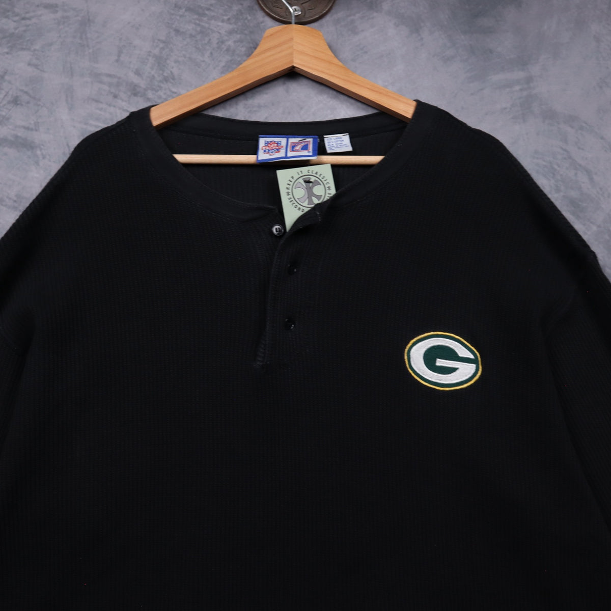 90s Black Green Bay Packers Henley Long Sleeve 6785