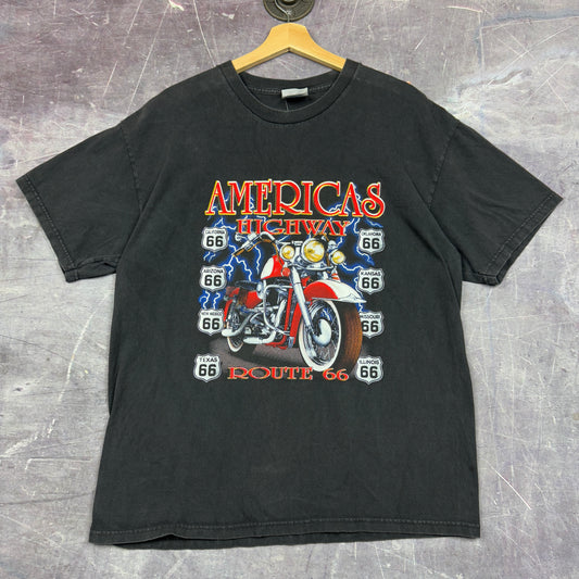 90s Black Route 66 Lightnig Motorcycle America's Highway Graphic Shirt L 1101