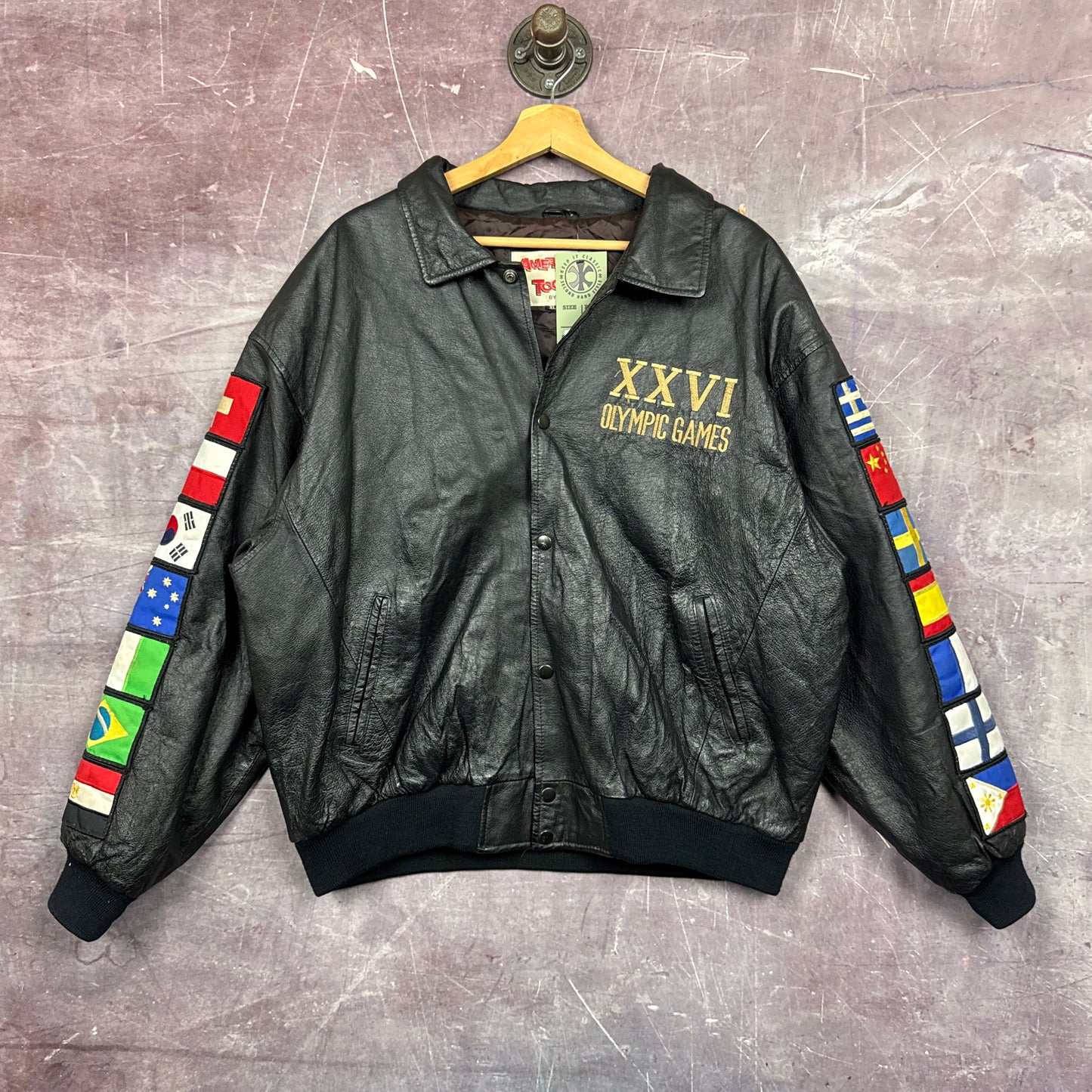 1996 Black Atlanta Olympics Flag Leather Jacket 3470