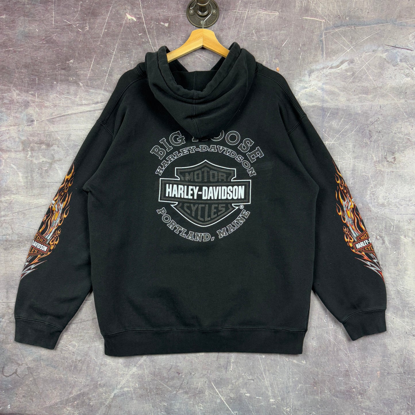 Early 00s Black Portland Maine Harley Davidson Motorcycle Flame Sleeve Eagle Graphic Hoodie L 1267