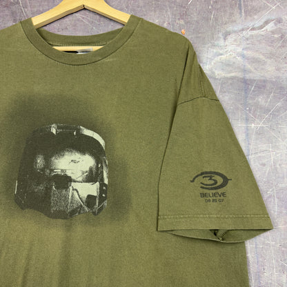 Early 00s Green Halo 3 Promo Master Chief Mountain Dew Graphic Shirt XL 0995