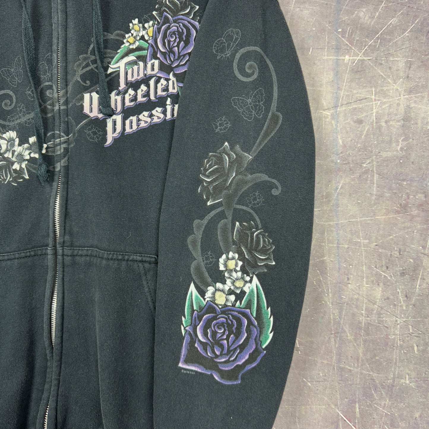 Early 00s Faded Black Flower Two Wheeled Passion Graphic Zip Up Hoodie L 1228