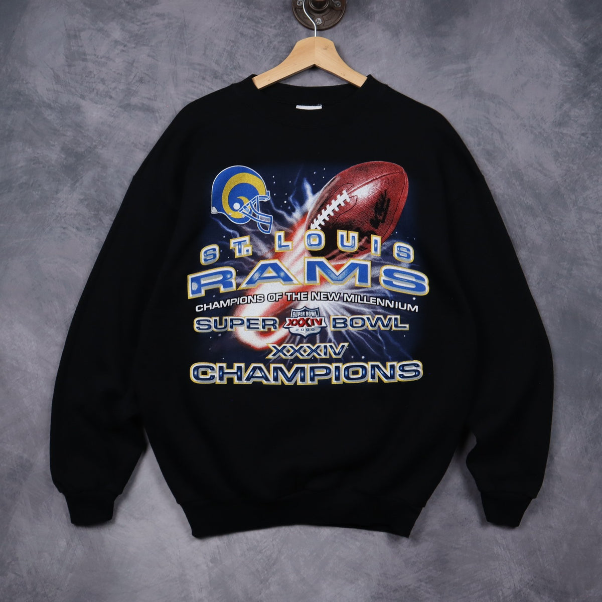 2000 Black St. Louis Rams Super Bowl XXXIV Champions Crewneck Sweatshirt 6535