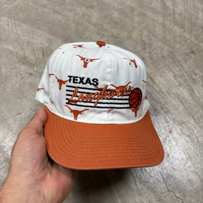 90s White University of Texas Longhorns Basketball All Over Print Snapback Hat