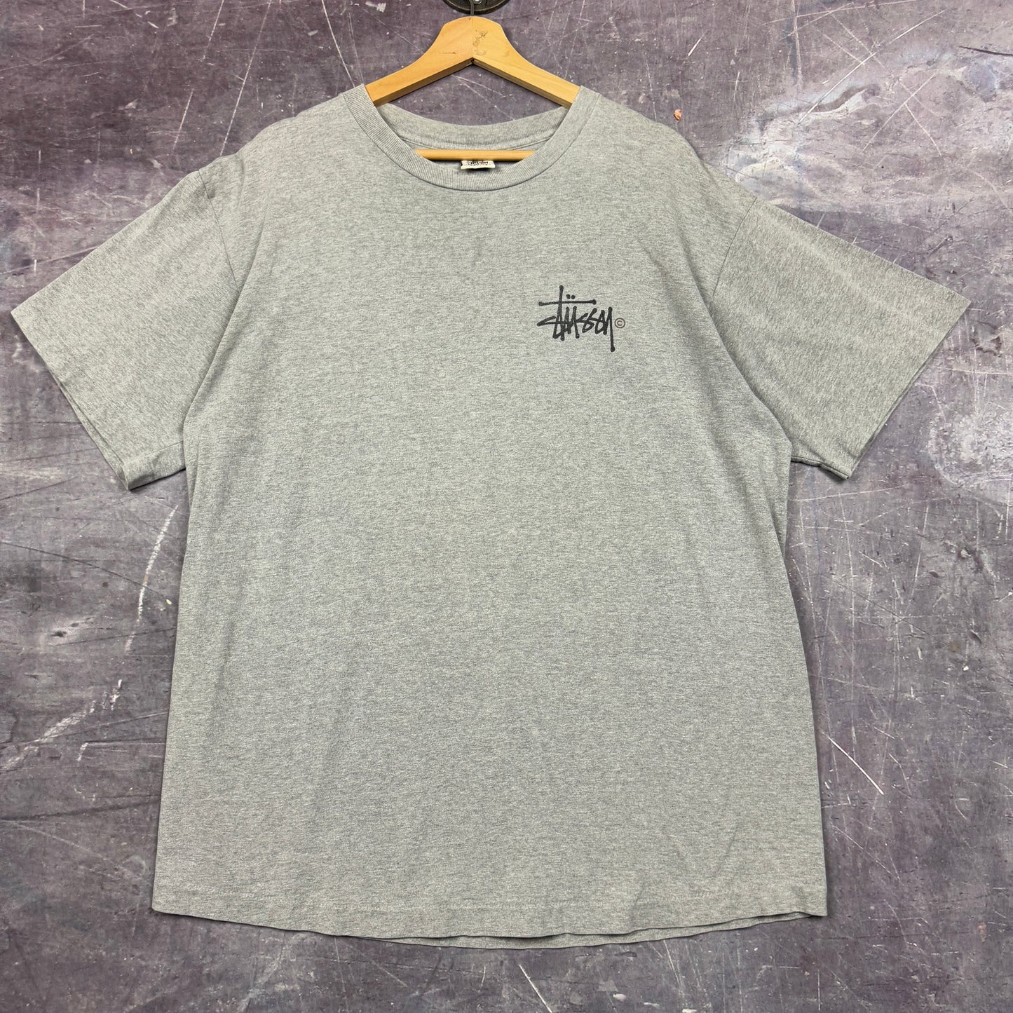 90s Light Gray Stussy Essential Logo Graphic Shirt XL 1167