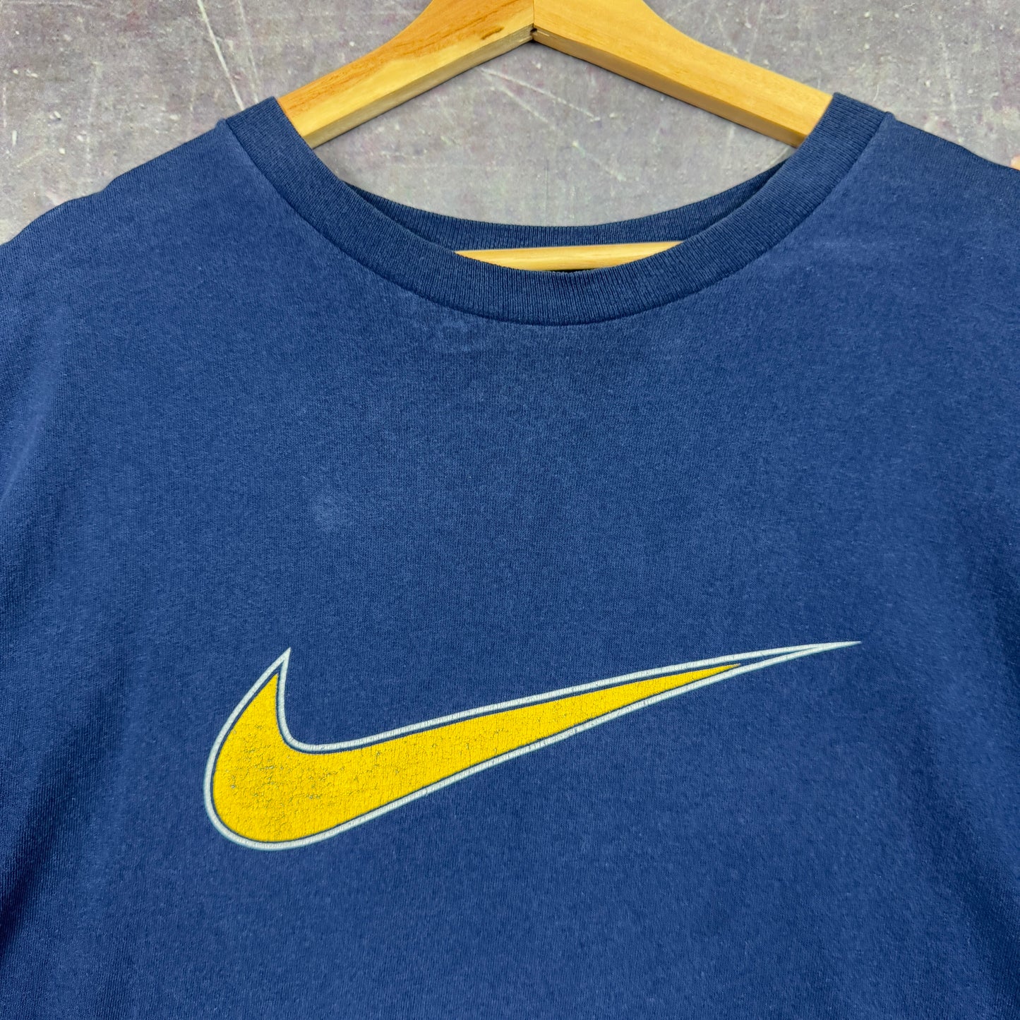 90s Navy Blue Nike Big Yellow Swoosh Essential Graphic Shirt XXL 0974