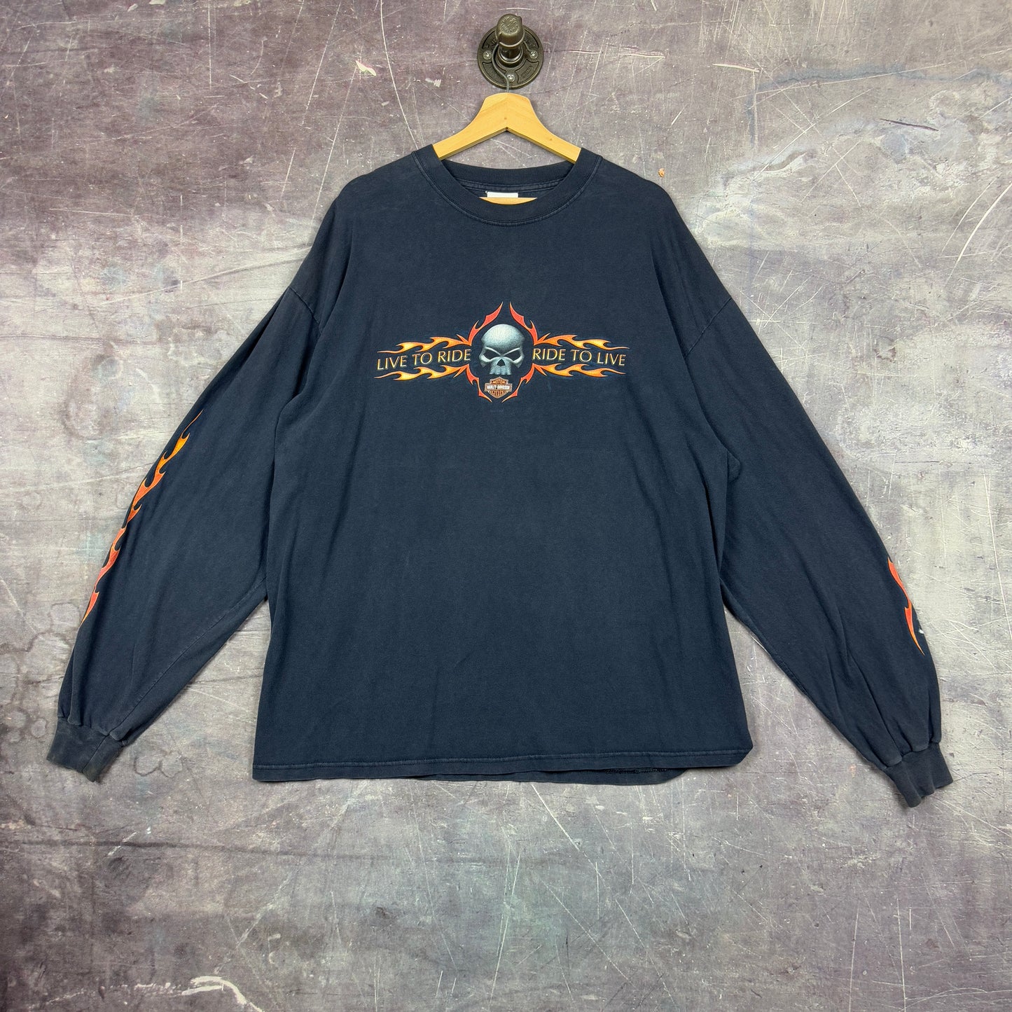 Early 00s Navy Blue Harley Davidson Live To Ride Ride To Live Skull Flame Sleeve Graphic Shirt XL 1162