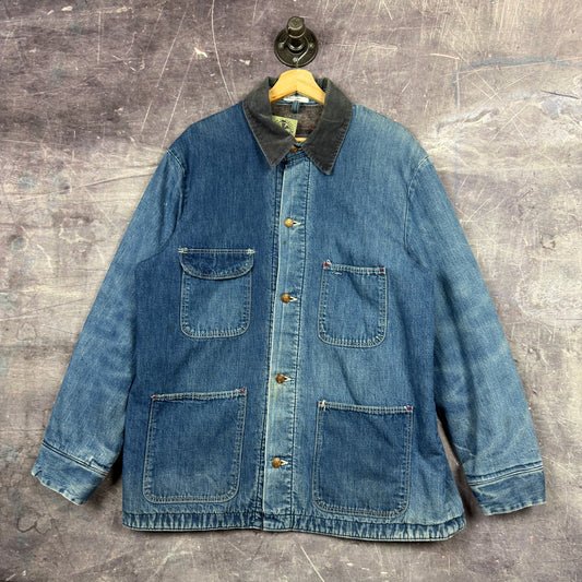 70s Faded Medium Wash Wrangler Denim Blanket Lined Chore Coat Barn Jacket L 0294