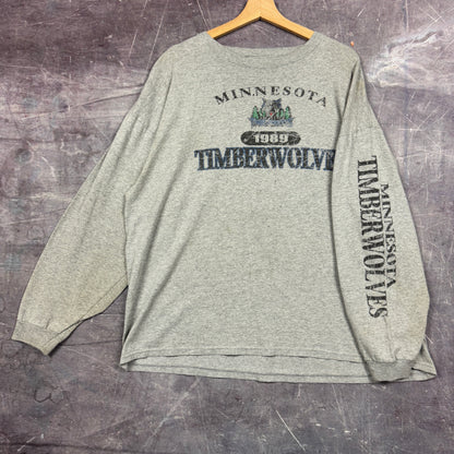 90s Light Gray Minnestota Timberwolves Graphic Long Sleeve Shirt XXL 1038