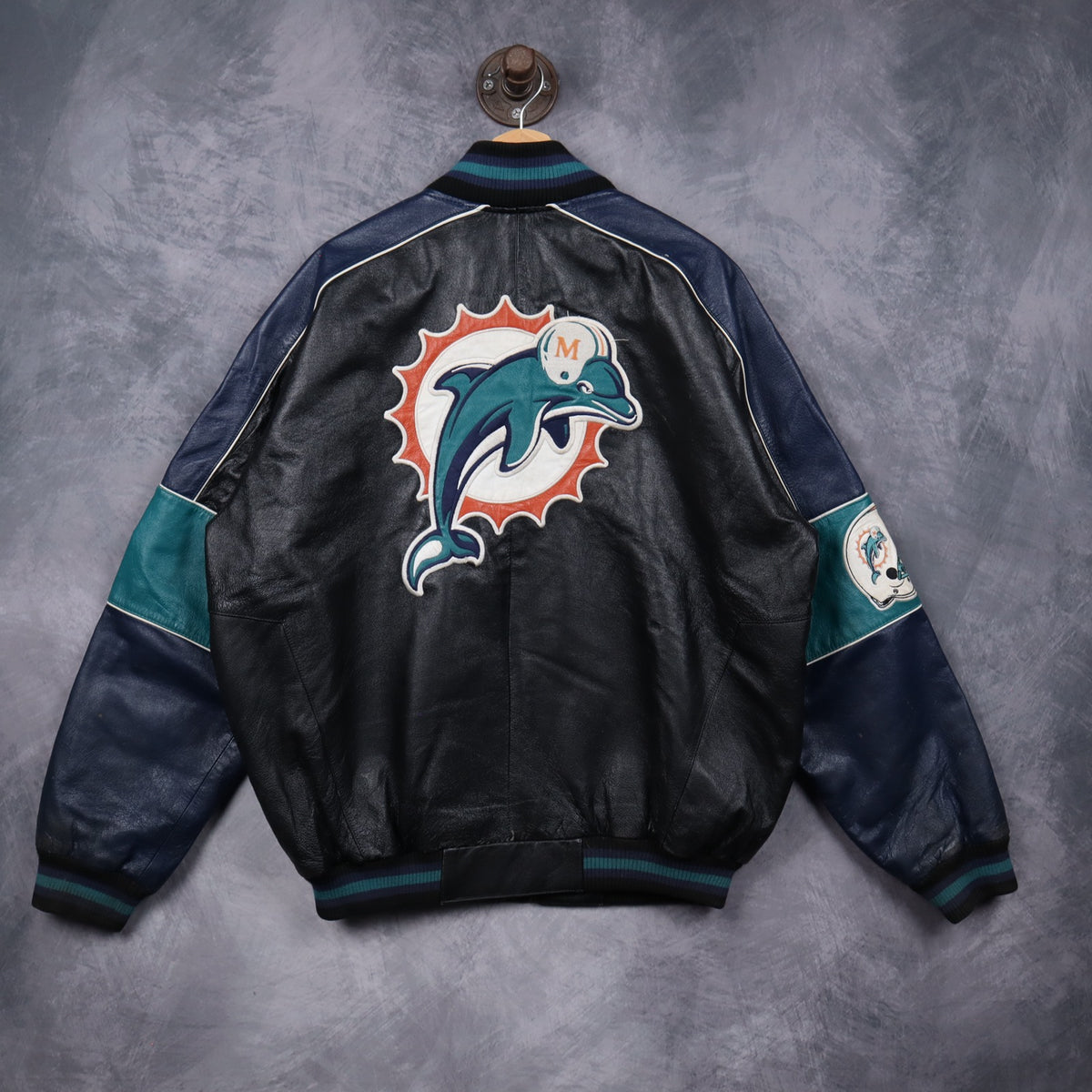 90s Black Miami Dolphins Leather Varsity Jacket 6519