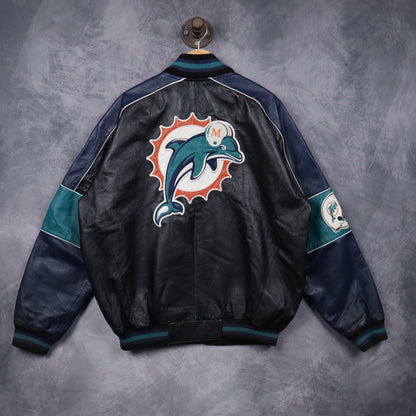 90s Black Miami Dolphins Leather Varsity Jacket 6519