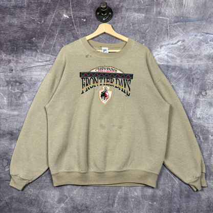 90s Tan Brown Cheyenne Frontier Days Cowboy Embroidered Crewneck Sweatshirt L 0064