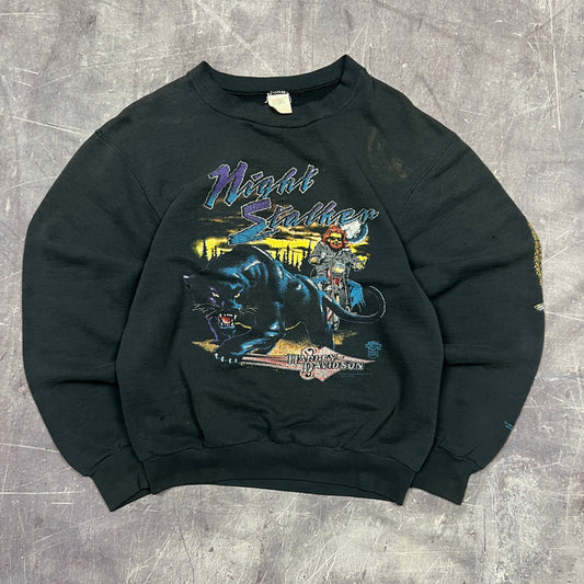 1991 Faded Black Night Stalker Black Panther Harley Davidson Motorcycle Graphic Crewneck Sweatshirt M AG22