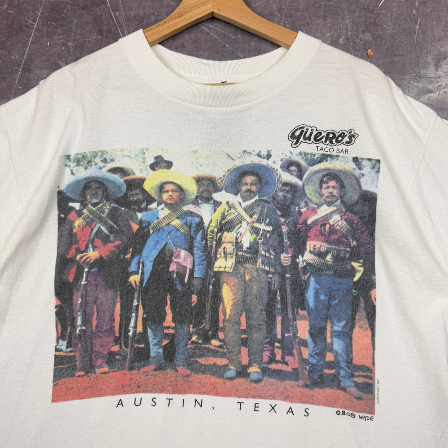 90s White Rab Wade Art Guero's Taco Bar Austin Texas Graphic Shirt XL 1143