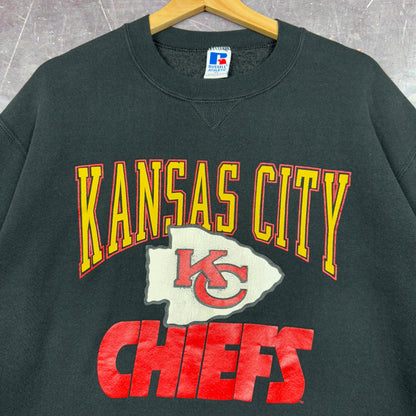 90s Black Russell Kansas City Chiefs Football Graphic Crewneck Sweatshirt L 1237