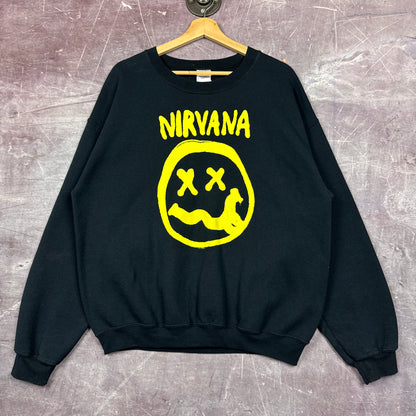 Early 00s Black Nirvana Smiley Face Graphic Crewneck Sweatshirt L 2873