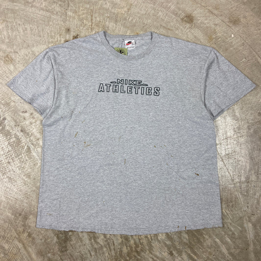 90s Gray Nike Athletics Essential Logo Spellout Grpahic Shirt XXL BE50