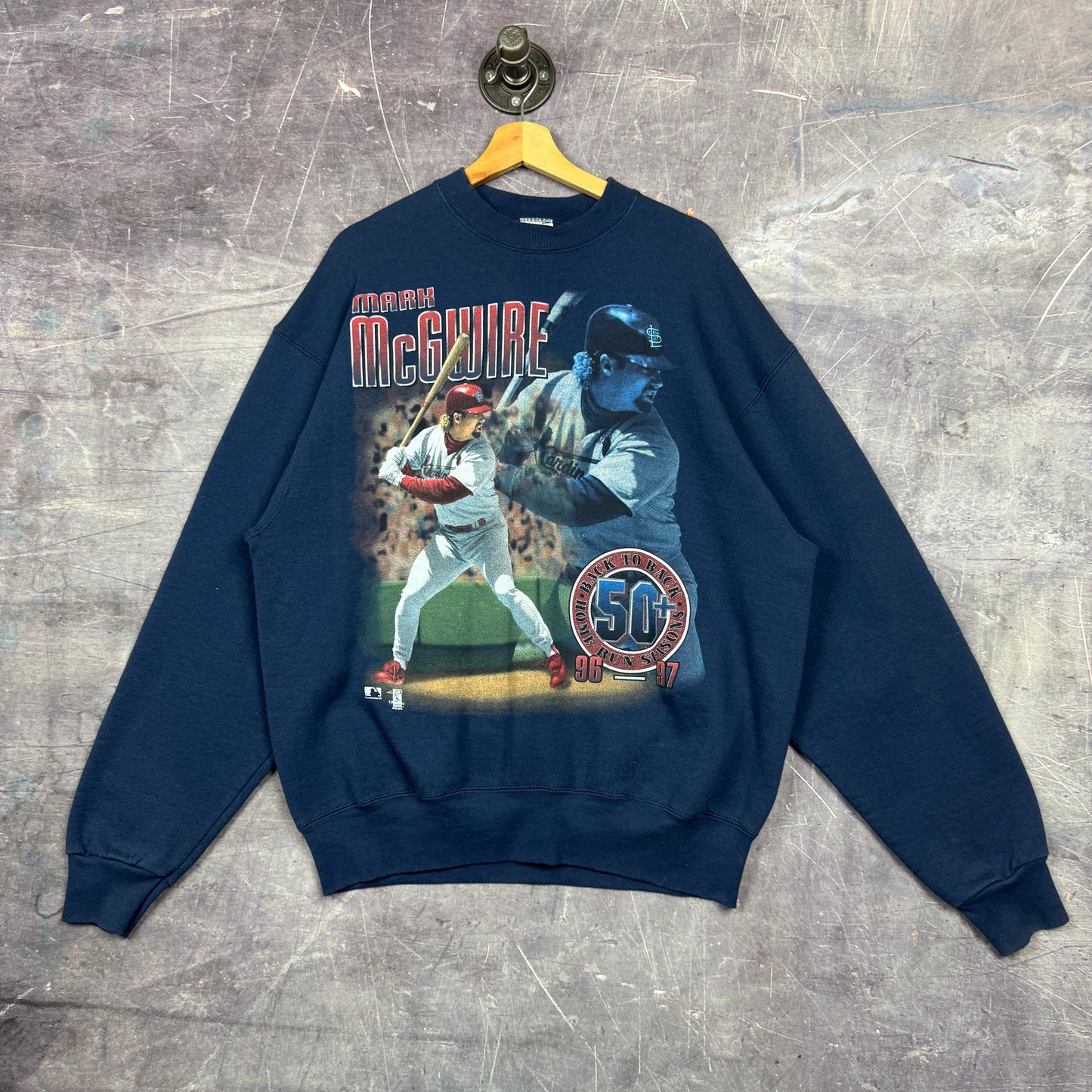 90s Navy Blue Mark McGwire Back to Back 50 Home Run Seasons Graphic Crewneck Sweatshirt L 0087