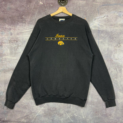 90s Faded Black Iowa Hawkeyes Embroidered Graphic Crewneck Sweatshirt M 1258