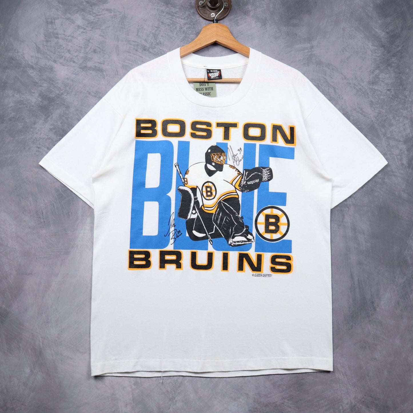 90s White Boston Bruins John Blue Goalie Graphic Shirt 5482