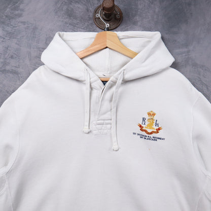 Early 2000s White Polo Ralph Lauren 1st Division R.L. Regiment Crest Hoodie 5321