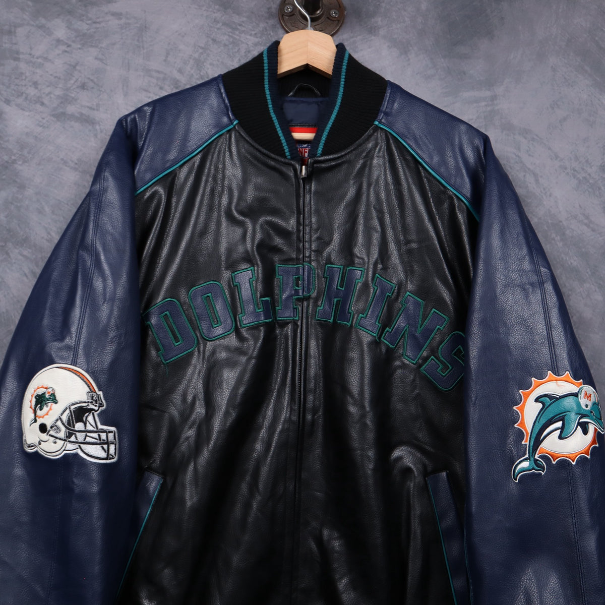 00s Black Miami Dolphins Faux Leather Bomber Jacket 6520