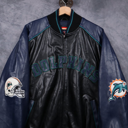 00s Black Miami Dolphins Faux Leather Bomber Jacket 6520
