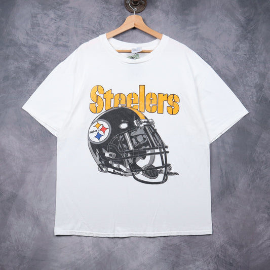 90s White Pittsburgh Steelers Helmet Shirt 6716