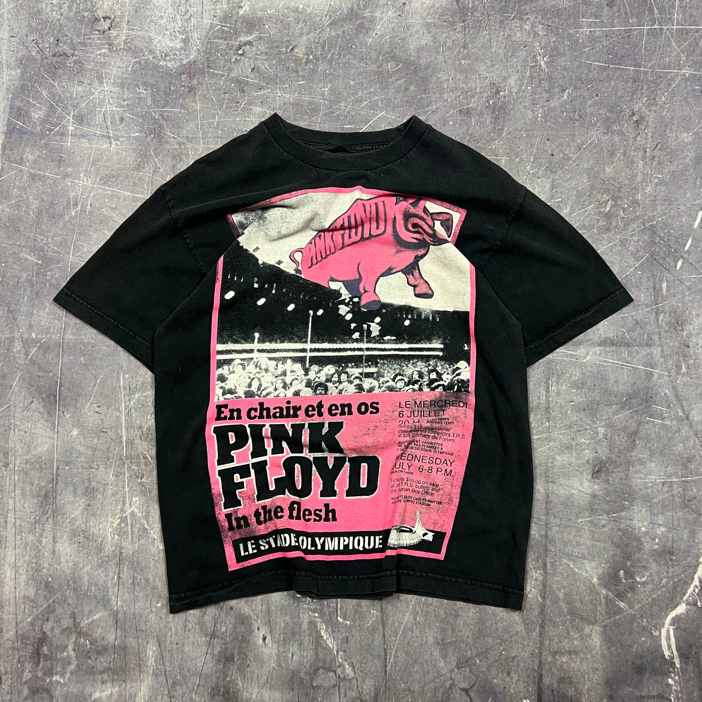 90s Faded Black Pink Floyd le Stade Olympique Pig Graphic Band Shirt L AR09