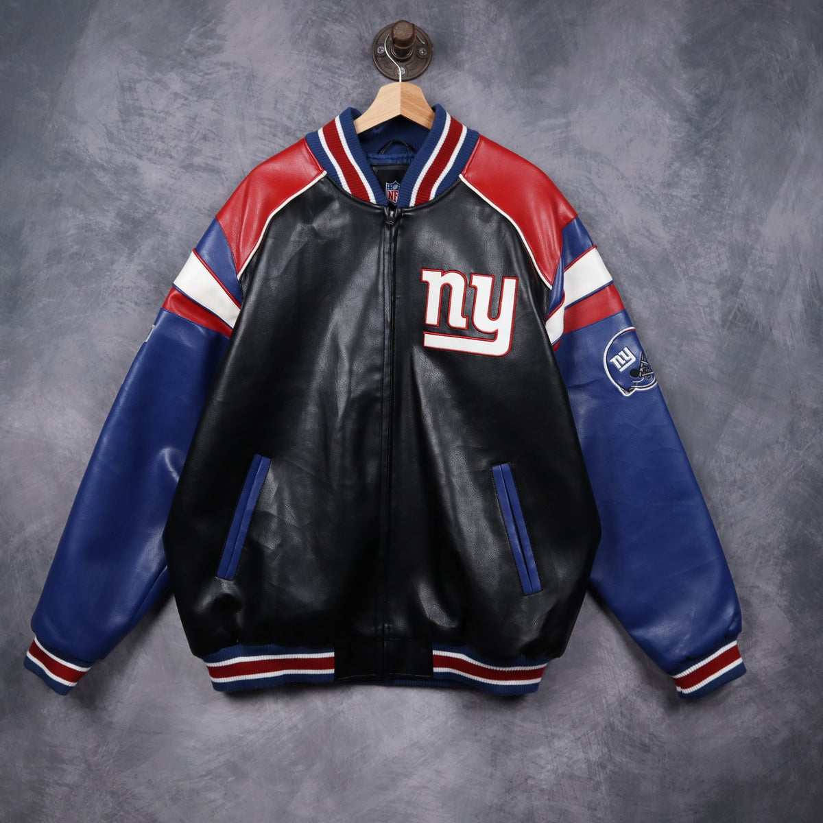 00s Black New York Giants Faux Leather Varsity Jacket 6507