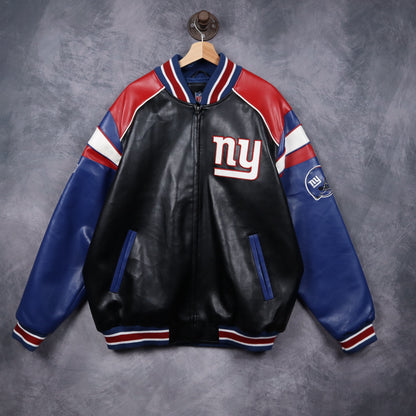 00s Black New York Giants Faux Leather Varsity Jacket 6507