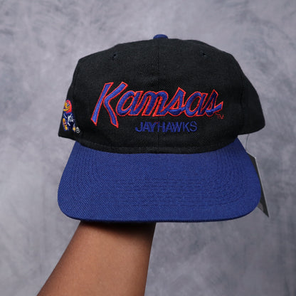 90s Black Kansas Jayhawks Script Snapback Hat 5615