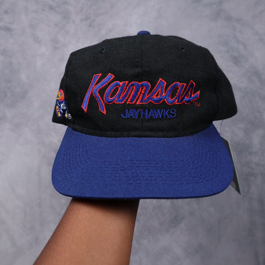 90s Black Kansas Jayhawks Script Snapback Hat 5615