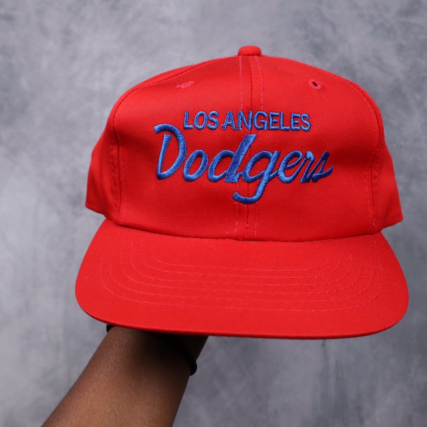 90s Red Los Angeles Dodgers Script Snapback Hat 5565