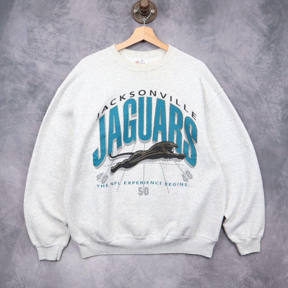 90s Grey Jacksonville Jaguars The NFL Experience Begins Crewneck Sweatshirt 6426