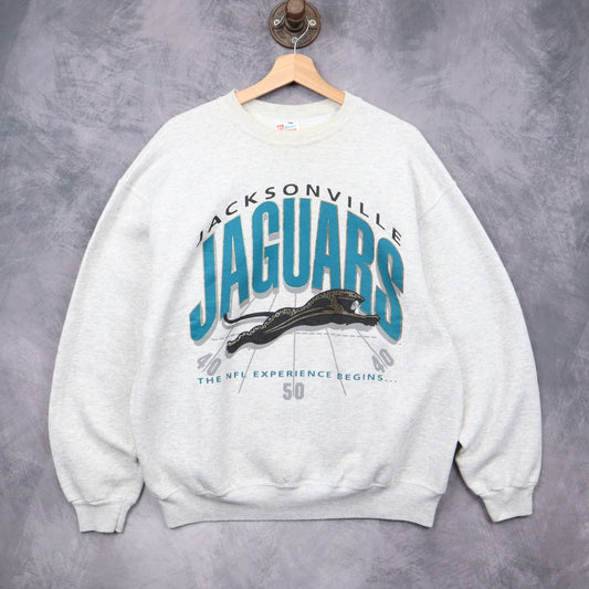 90s Grey Jacksonville Jaguars The NFL Experience Begins Crewneck Sweatshirt 6426