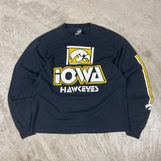 90s Black Iowa Hawkeyes Football Graphic Long Sleeve Shirt L BE59