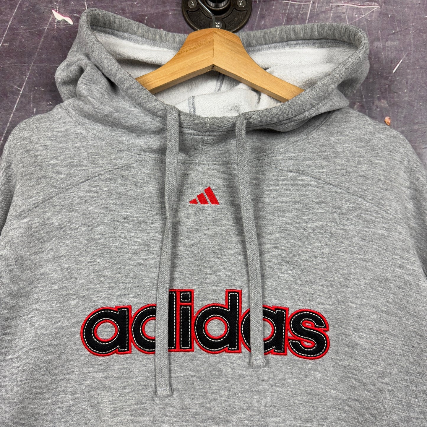 90s Light Gray Adidas Essential Center Logo Spellout Hoodie XL 1273