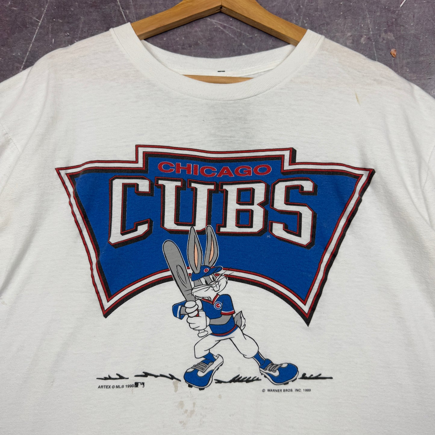 1989 White Bugs Bunny Chicago Cubs Baseball Graphic Shirt L 1067