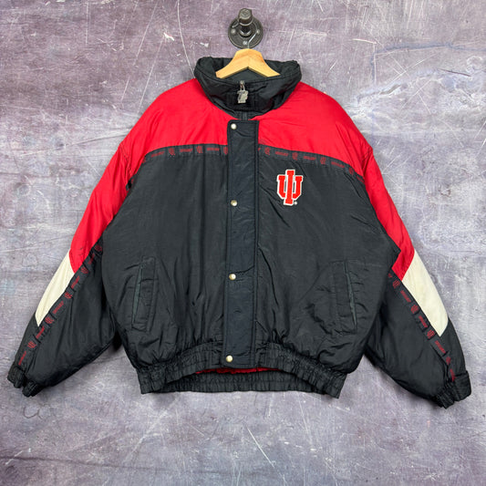 90s Black Red Indiana University Logo Sleeve Spellout Graphic Puffer Jacket XL 1891