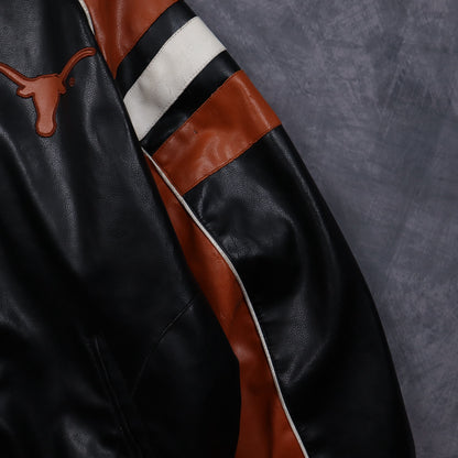 00s Black Texas Longhorns Faux Leather Varsity Jacket 5932