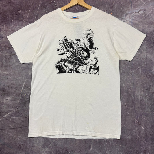 90s White Dinosaur Car Art Graphic Shirt M 0888