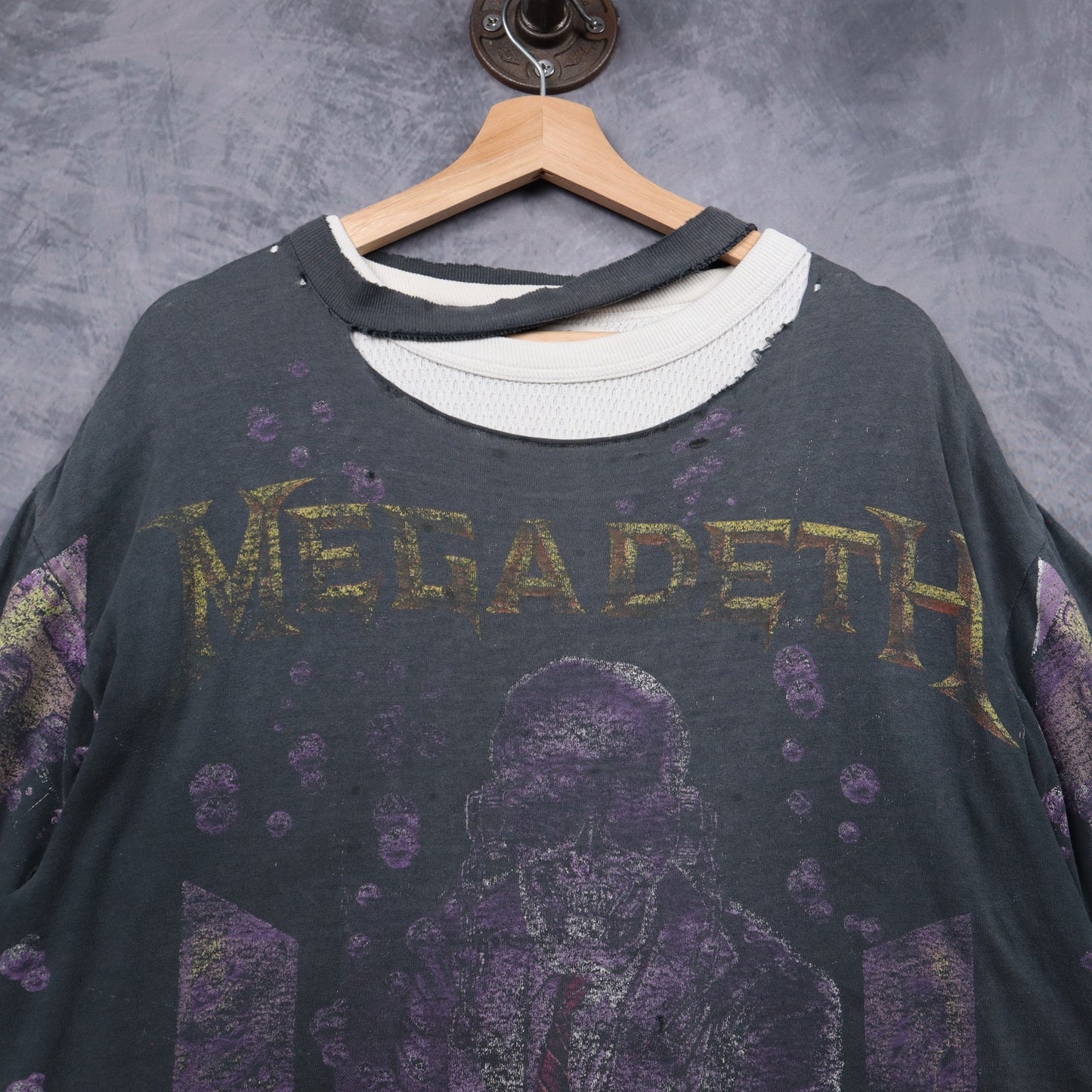 90s Faded Black Distressed Megadeth Rust In Peace All Over Print Shirt 5120