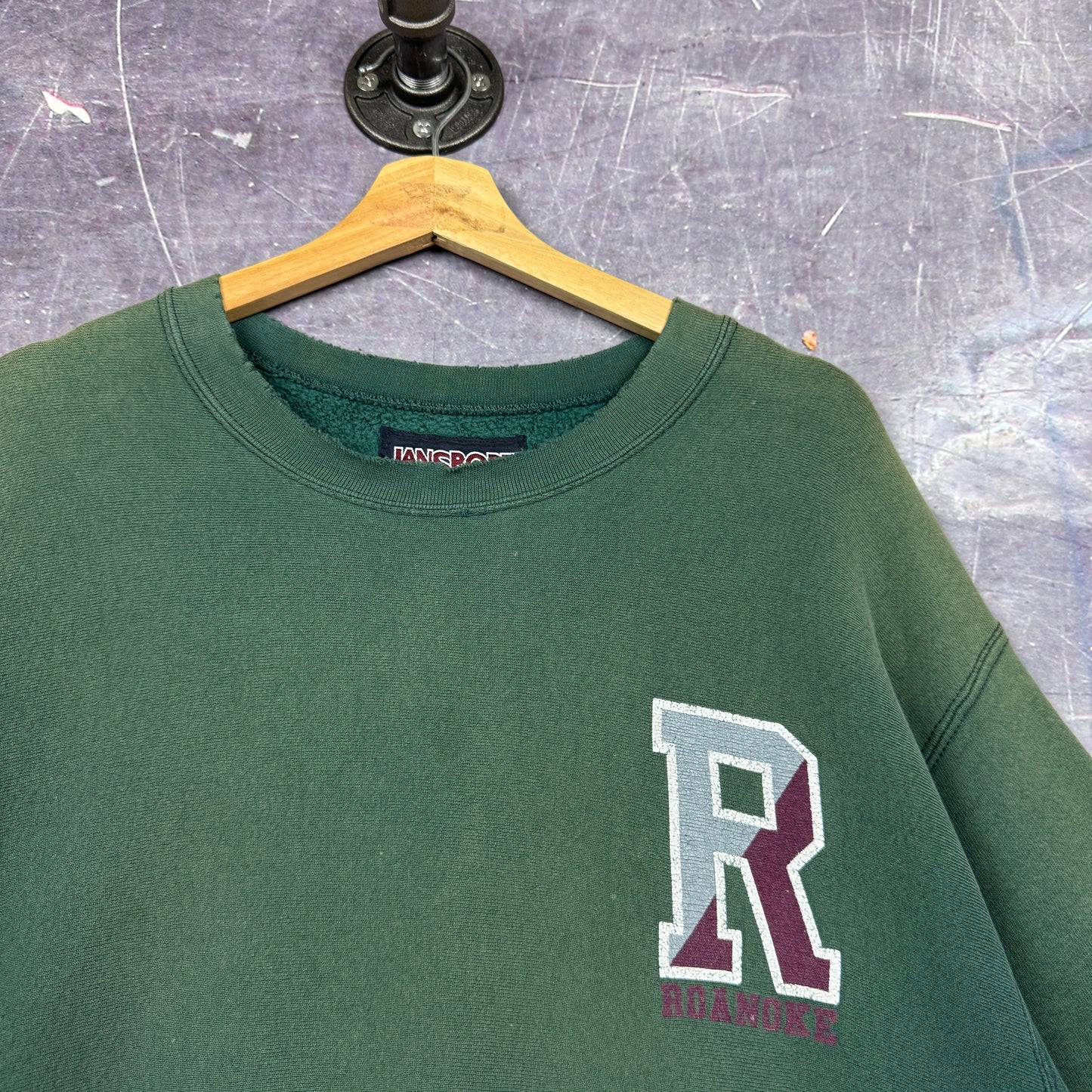 90s Faded Green Roanoke College Reverse Weave Graphic Crewneck Sweatshirt L 0082