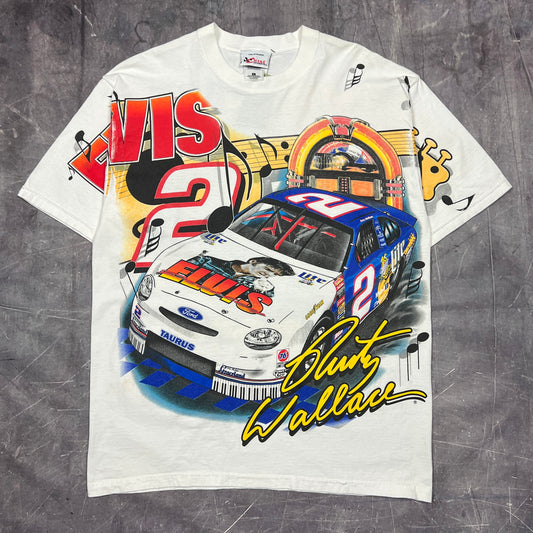 1998 White Rusty Wallace Elvis Nascar All Over Print Graphic Shirt L AP80