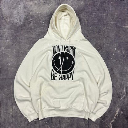 80s White "Don't Worry Be Happy" Smiley Face Graphic Hoodie L AB53