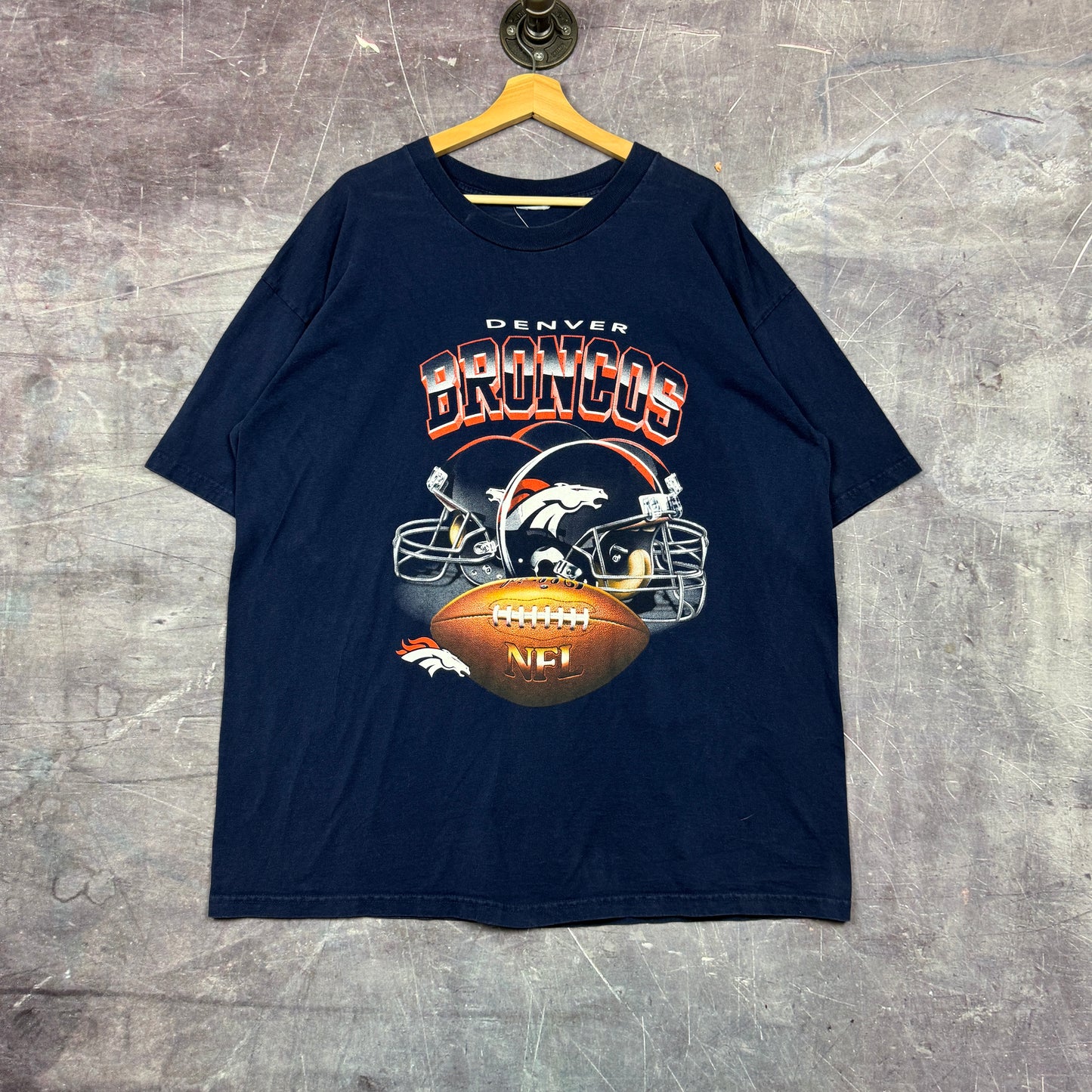 90s Navy Blue Denver Broncos Football Helmet Graphic Shirt XL 0819