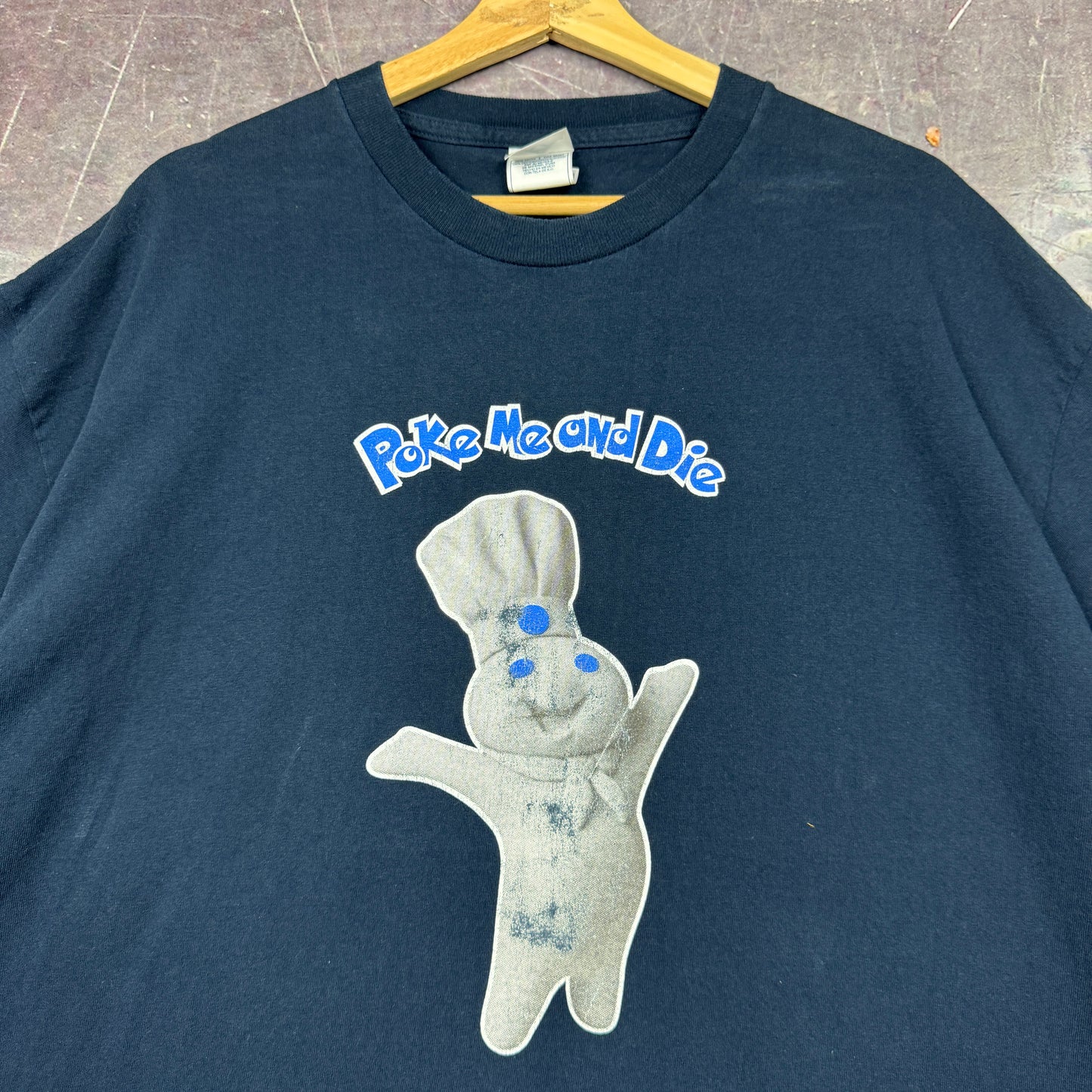 Early 00s Navy Blue Poke Me and Die Pilsbury Doughboy Graphic Shirt XL 0825